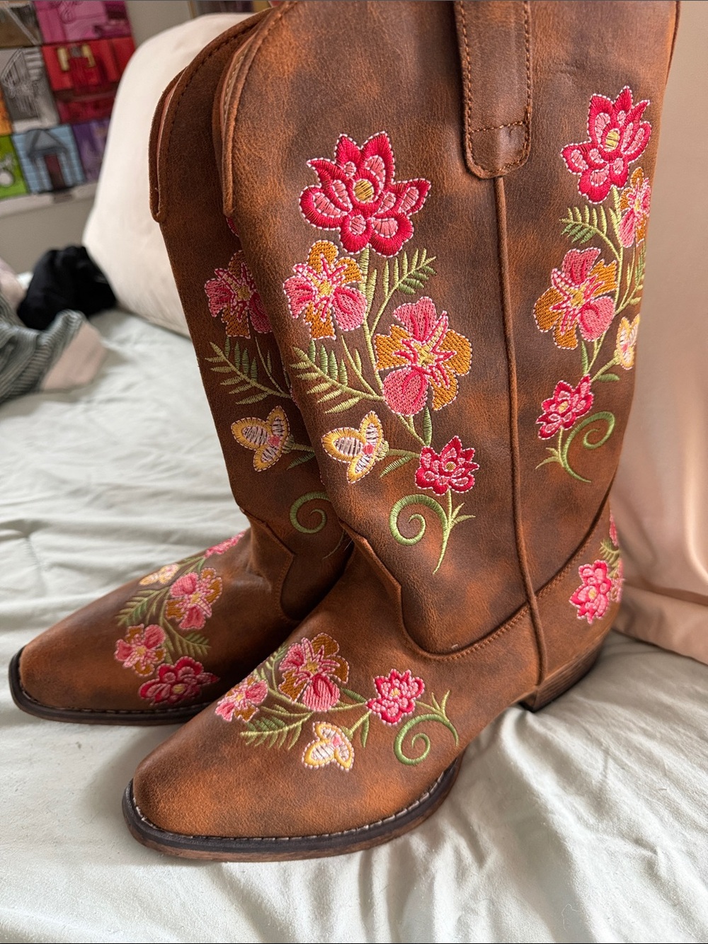 Roper Brown Western Boots with Pink & Yellow Floral Embroidery